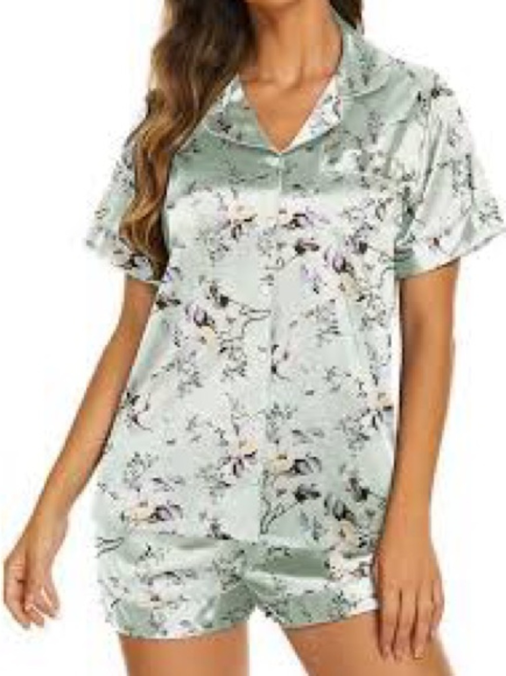 Satin Floral Short Pajama Set - Light Green